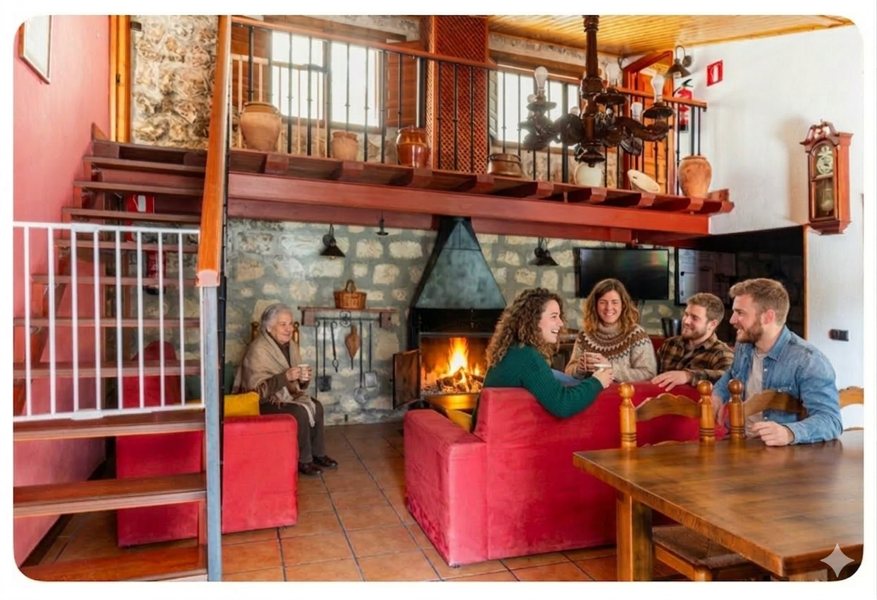 Chimenea abierta de leña en una casa rural